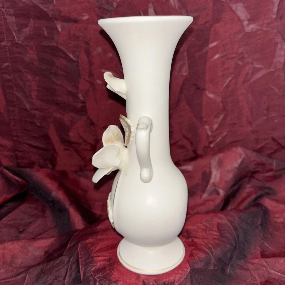 Vintage Wales White Bisque Bud Vase With Applied Roses‎ Handles Brushed Gold EUC